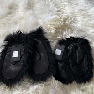 HiSO Elegant Black Fur-Trimmed Real Leather and Real Fur mittens